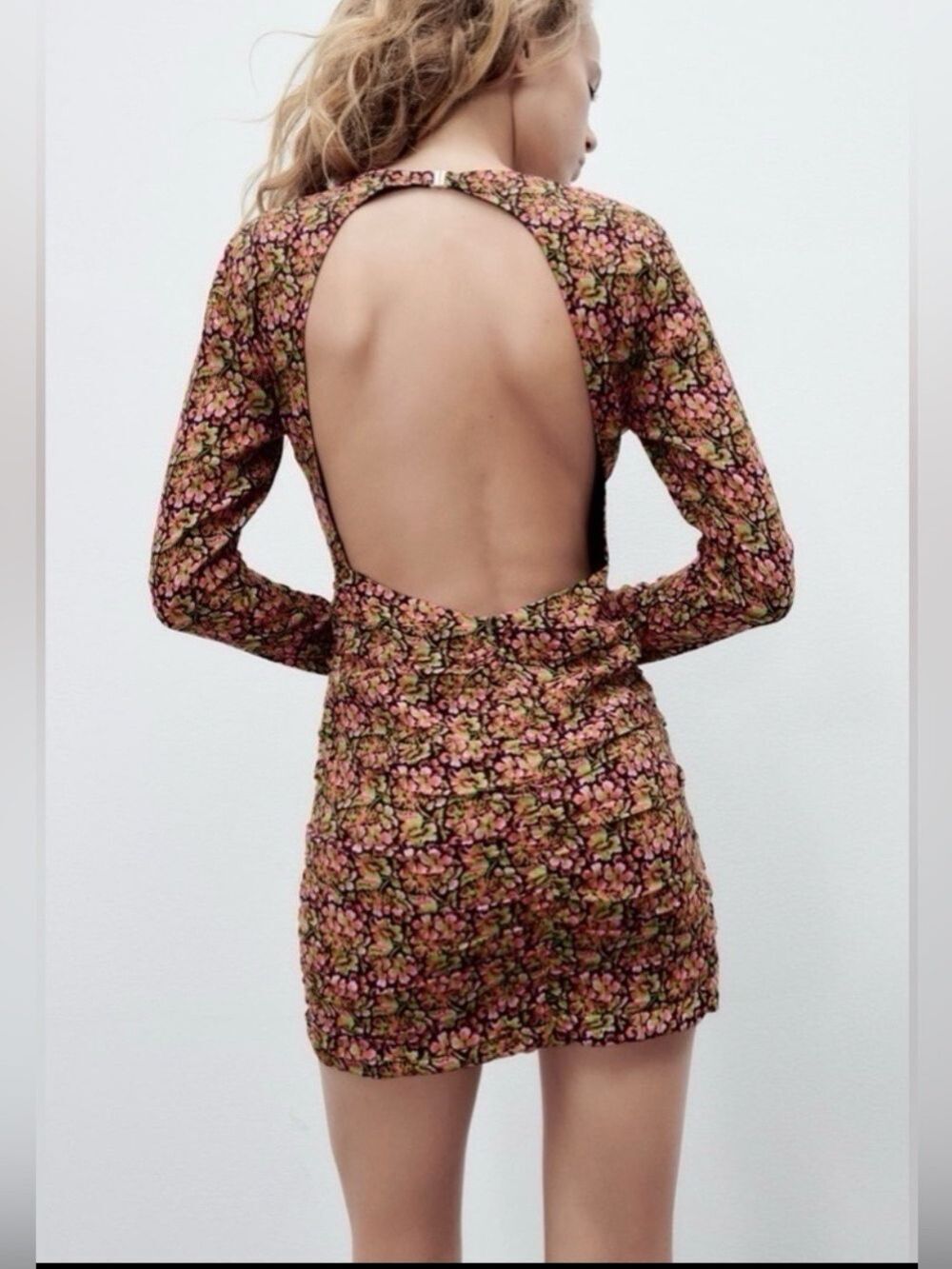 Zara Floral Open Back Long Sleeve Wrap Skirt Mini Dress
